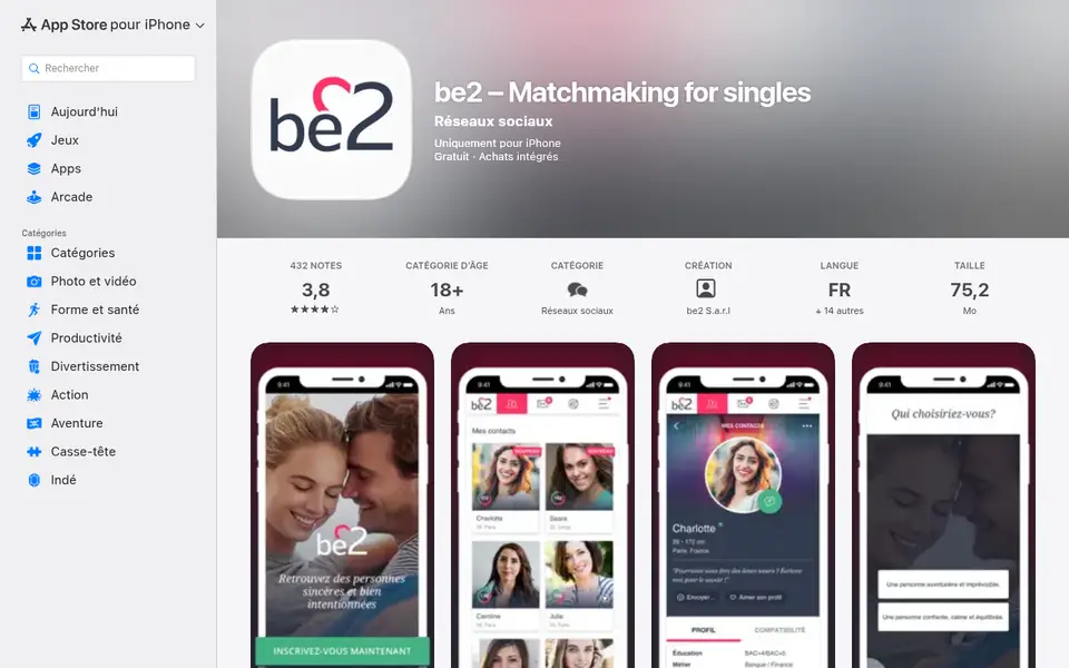 be2 avis sur l’appli : be2 – Matchmaking for singles dans l’App Store français, 3,8 sur 432 notes, 18+