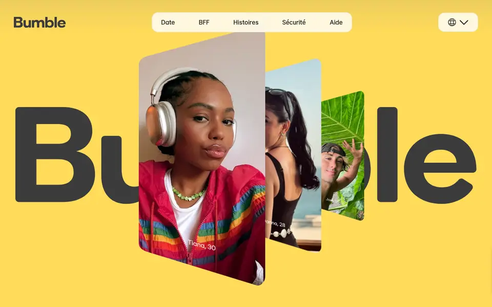 Bumble avis : page d’accueil de bumble.com en français avec le logo Bumble