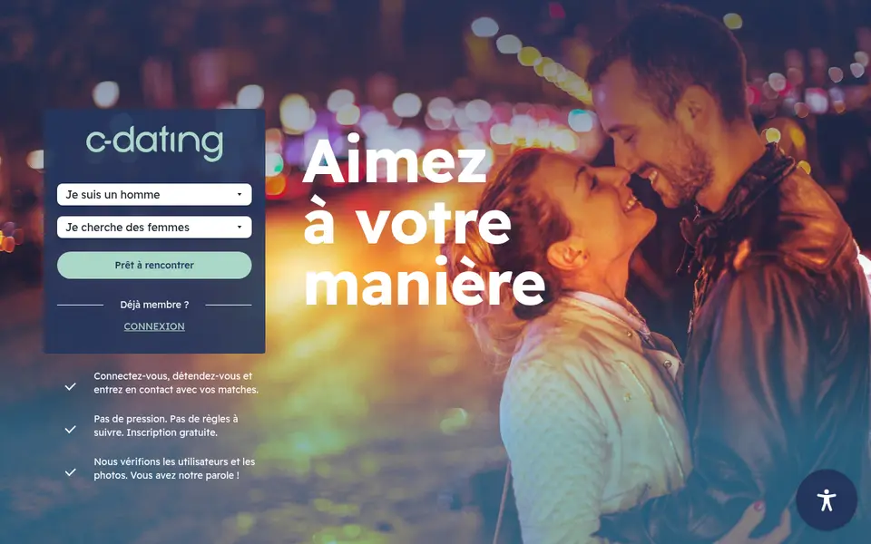 C-Date avis : page d’accueil de c-dating.fr avec le slogan «Aimez à votre manière» et l’inscription gratuite