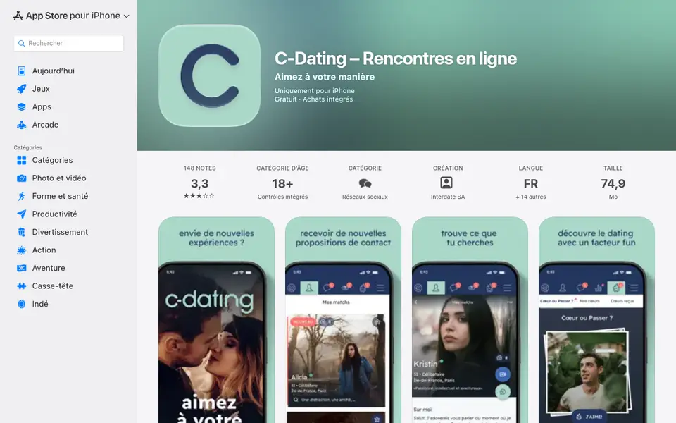 C-Date avis sur l’appli : C-Dating – Rencontres en ligne dans l’App Store français, 3,3 sur 148 notes, 18+