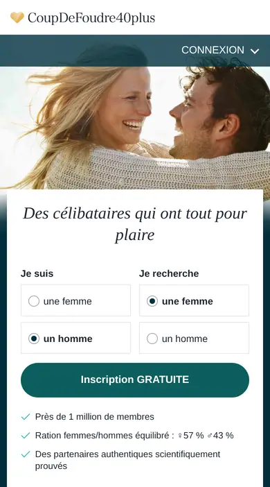 Inscription gratuite sur coupdefoudre40plus.fr au smartphone, vue dans ce CoupDeFoudre40plus avis