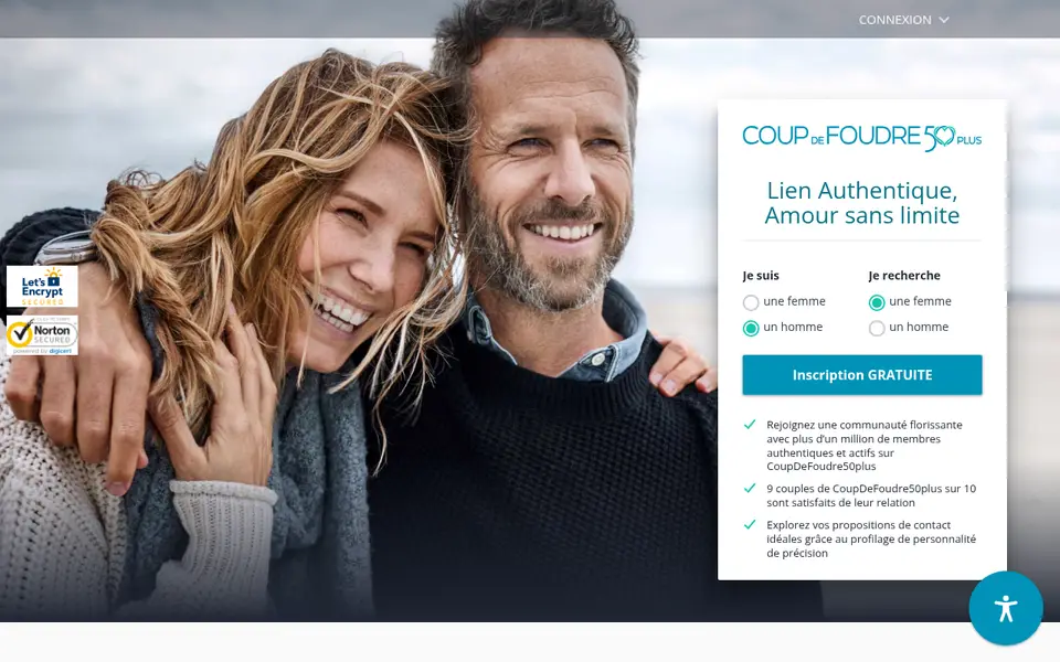 CoupDeFoudre50plus avis : page d’accueil de coupdefoudre50plus.fr avec «Lien Authentique, Amour sans limite»