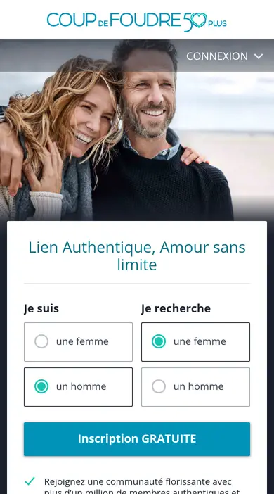 Inscription gratuite sur coupdefoudre50plus.fr au smartphone, présentée dans ce CoupDeFoudre50plus avis