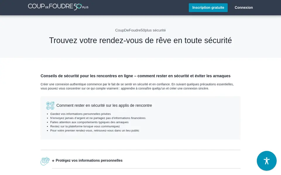 CoupDeFoudre50plus avis sur la sécurité : page de conseils pour se protéger des arnaques