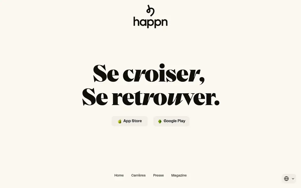 happn avis : page d’accueil de happn.com avec «Se croiser, Se retrouver» et les liens App Store et Google Play