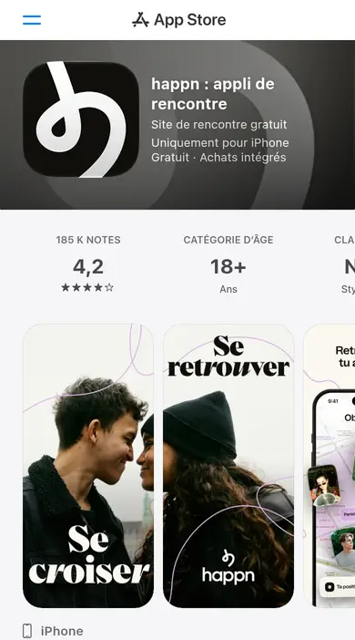 Appli happn dans l’App Store français avec 4,2 sur 185 k notes et 18+, dans ce happn avis