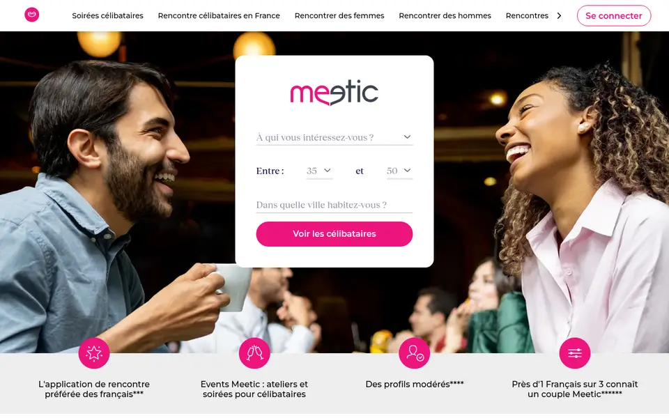 Meetic avis : page d’accueil de meetic.fr avec la recherche de célibataires par âge et par ville