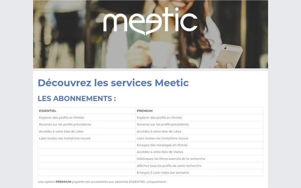 Meetic avis sur les prix : page des services avec les abonnements Essentiel et Premium