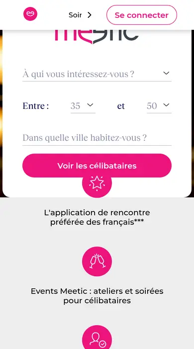 meetic.fr au smartphone avec les Events Meetic et la recherche, montré dans ce Meetic avis