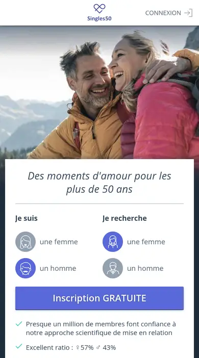 Inscription gratuite sur singles50.fr au smartphone, telle que décrite dans ce Singles50 avis