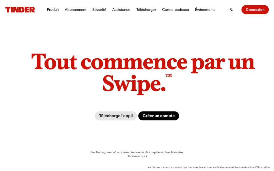 Tinder avis : page d’accueil de tinder.com avec «Tout commence par un Swipe» et le bouton Créer un compte