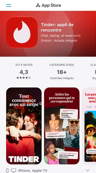 Tinder avis sur l’appli : fiche App Store française avec 4,3 sur 317 k notes et 18+